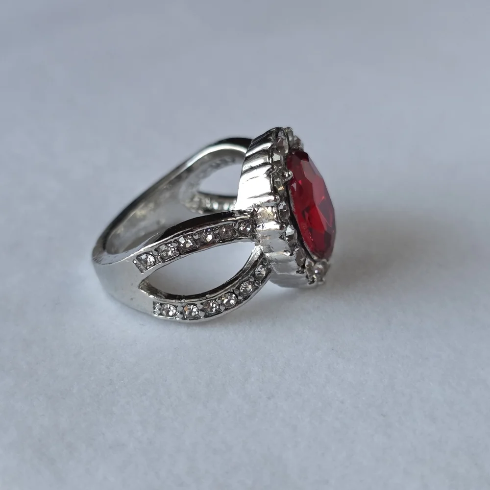 Ruby Red Halo Ring Split Shank Fashion Jewelry Faux Gemstone And Diamonds